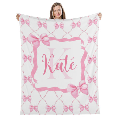 Personalized Watercolor Pink Bow Baby Name Blankets - Gift for Baby