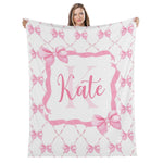 Personalized Watercolor Pink Bow Baby Name Blankets - Gift for Baby