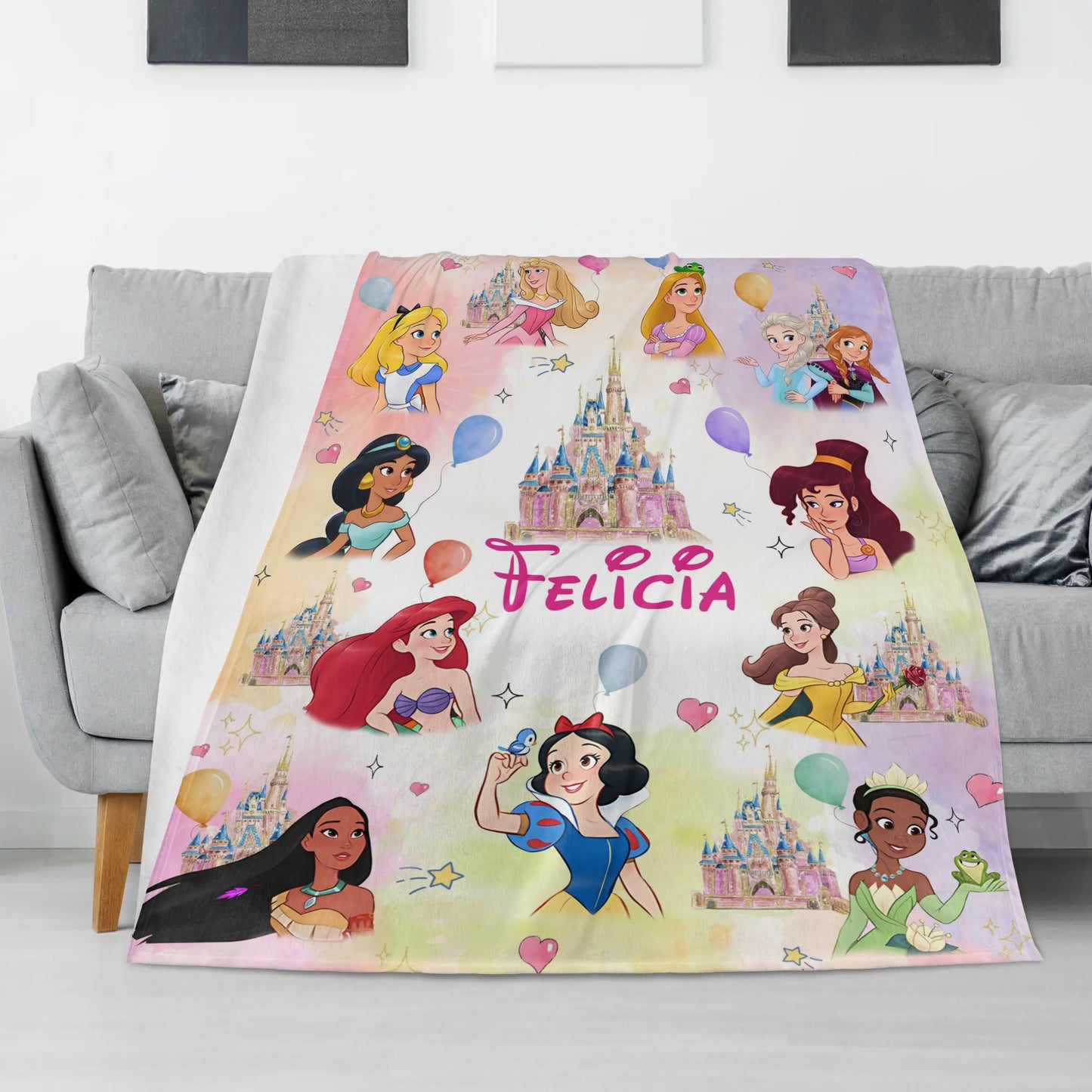 Personalized Watercolor Customized Princess Collection Name Blanket - Gift for Kids