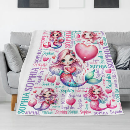 Personalized Little Mermaid Girls Name Blanket - Gift for Kids