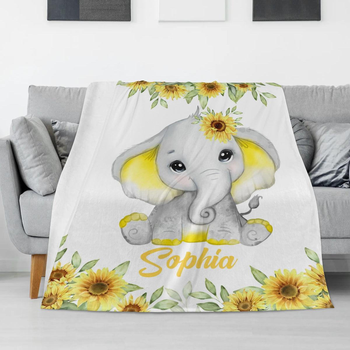 Personalized Custom Sunflower Elephant Name Blanket - Gift for Kids