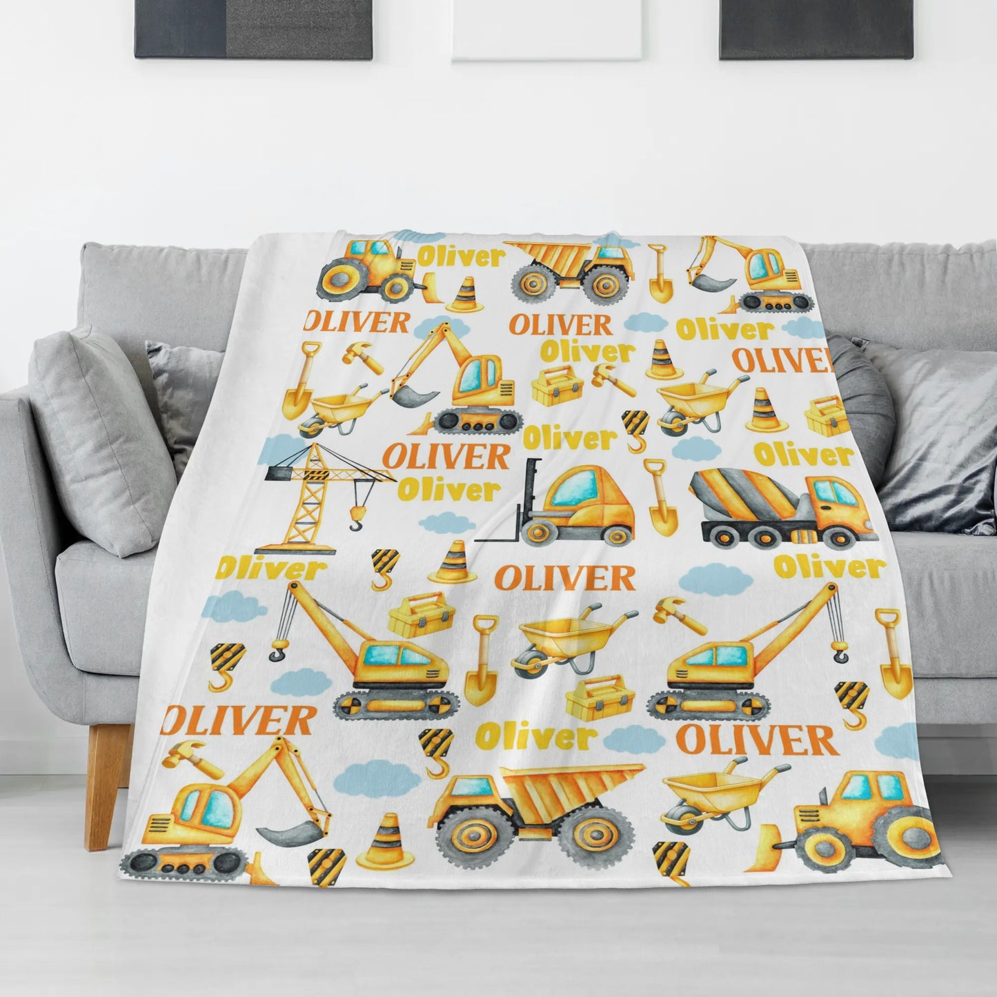 Personalized Yellow Construction Tool Truck Blanket - Gift for Kids