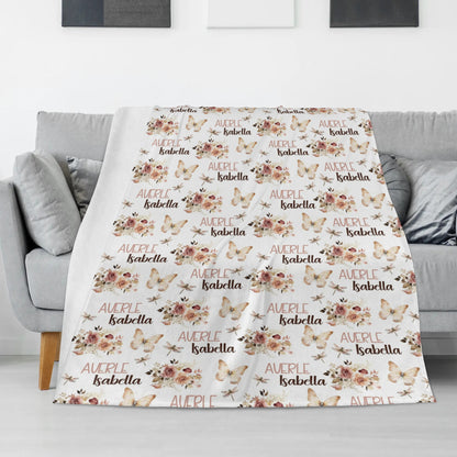 Personalized Watercolor Butterfly Flowers Name Blanket - Gift for Kids