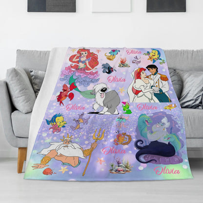 Personalized Watercolor Cute Mermaid Kids Name Blanket - Gift for Kids