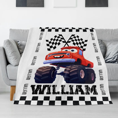 Personalized Custom Boy Monster Truck Themed Name Blanket - Gift for Kids