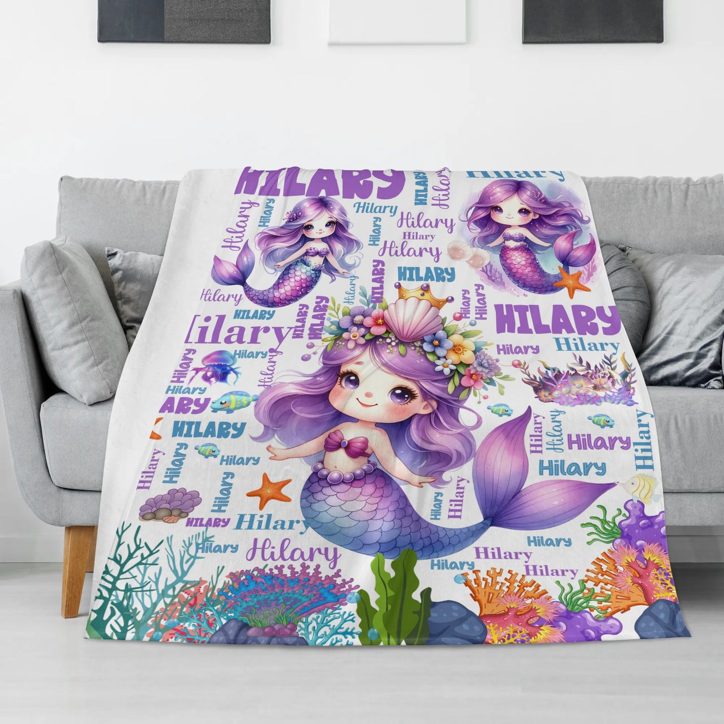 Personalized Purple Little Mermaid Girls Name Blanket - Gift for Kids