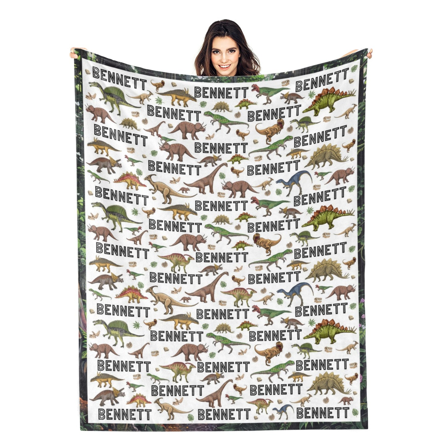 Personalized Forest Dinosaurs Children's Name Blankets - Gift for Kids