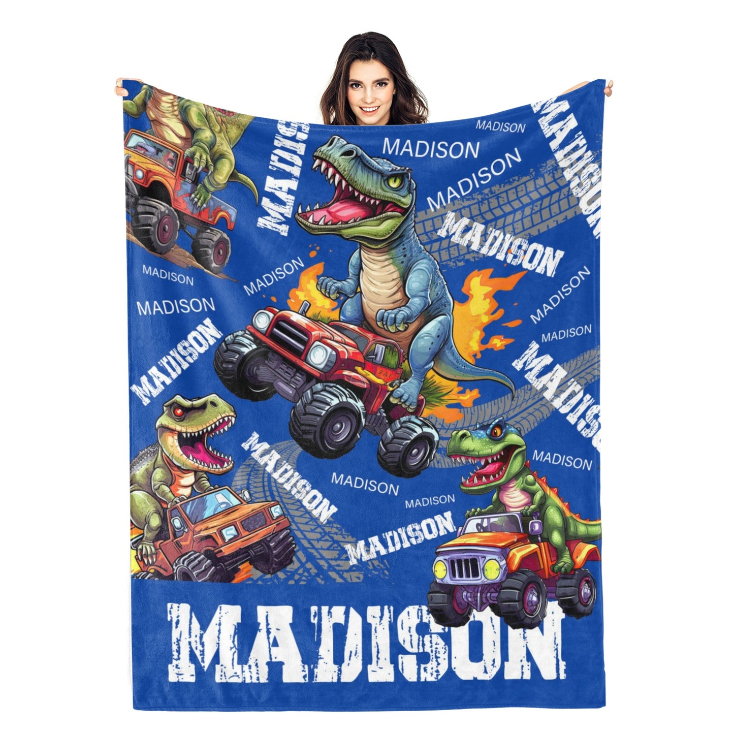 Personalized Dinosaurs Truck Themed Name Blanket - Gift for Kids