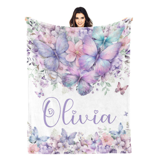 Personalized Purple Butterfly Themed Name Blanket - Gift for Kids