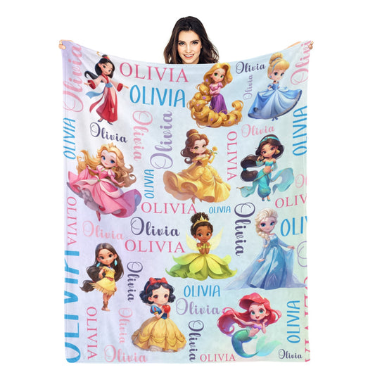 Personalized Cute Cartoon Princess Name Blanket - Gift for Kids