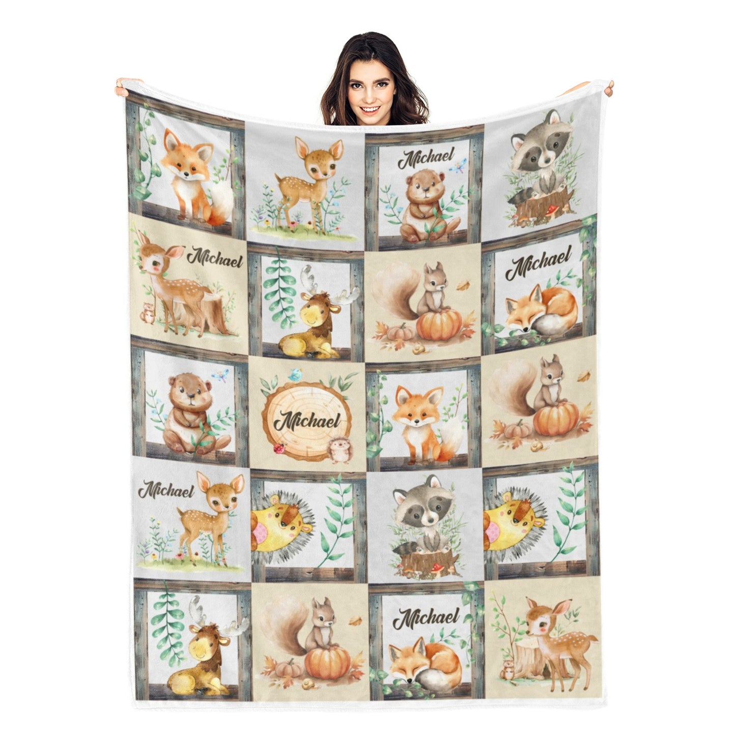 Personalized Watercolor Woodland Animals Name Blanket - Gift for Kids