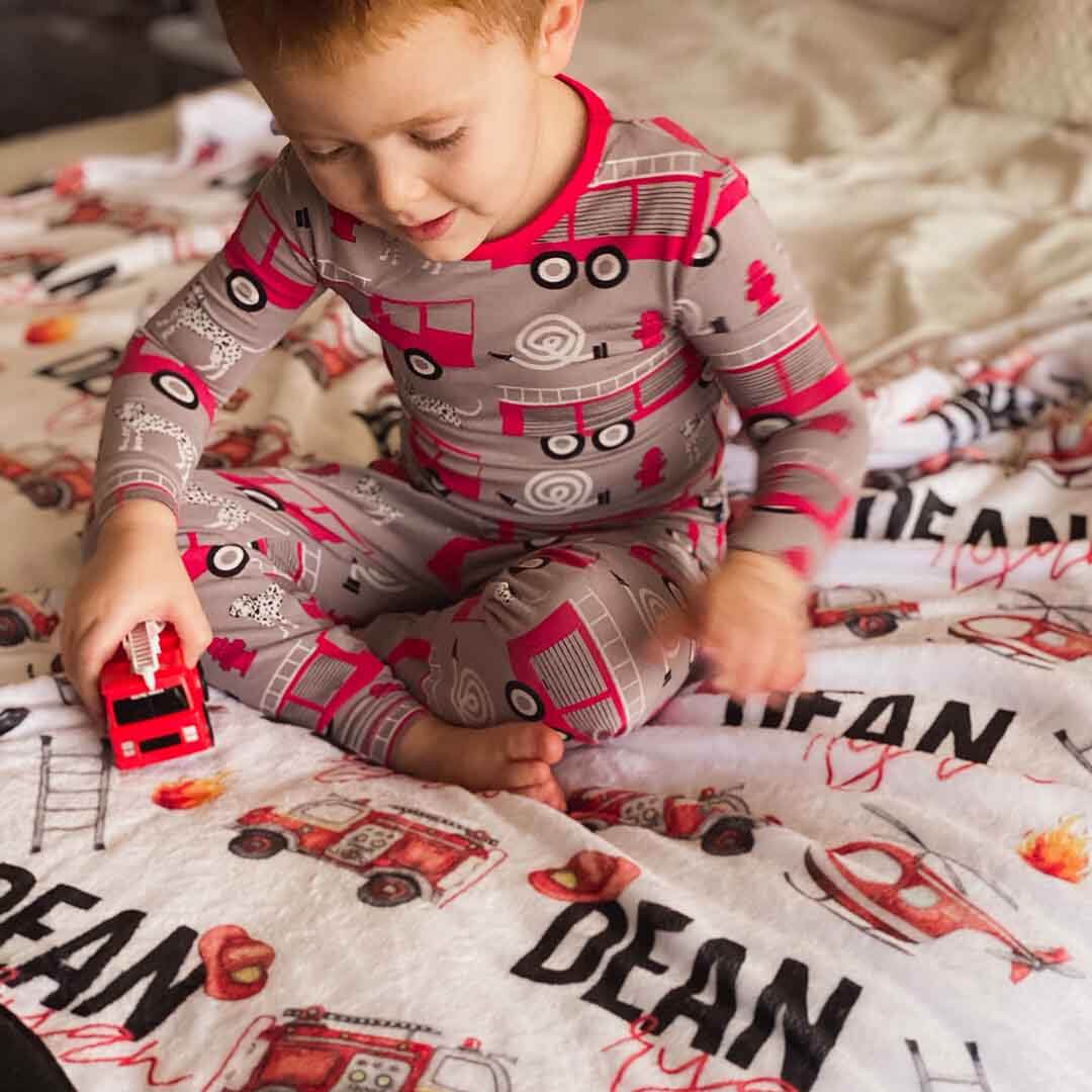 Personalized Watercolor Fire Truck Kids Name Blanket - Gifts for Kids