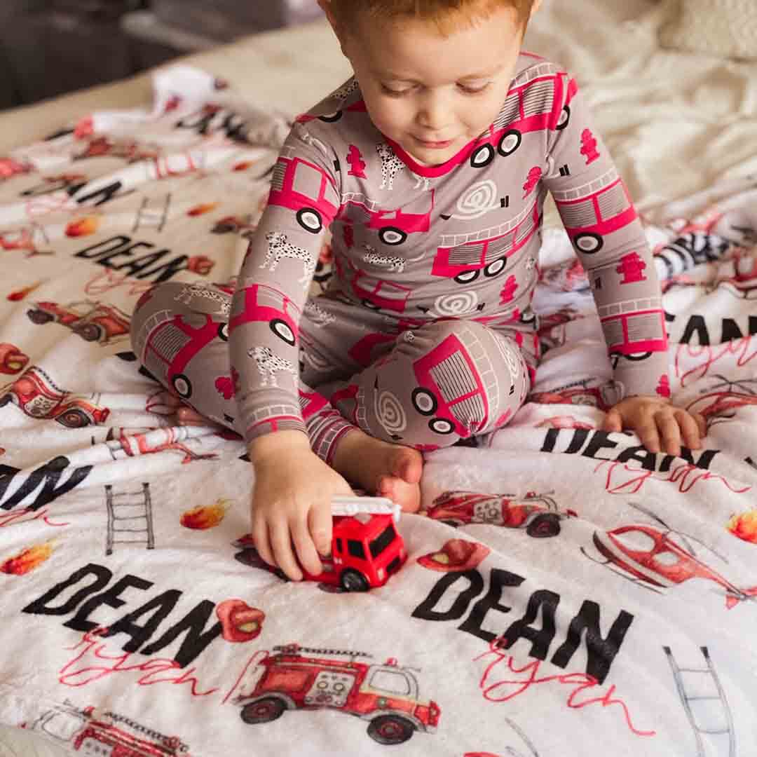 Personalized Watercolor Fire Truck Kids Name Blanket - Gifts for Kids