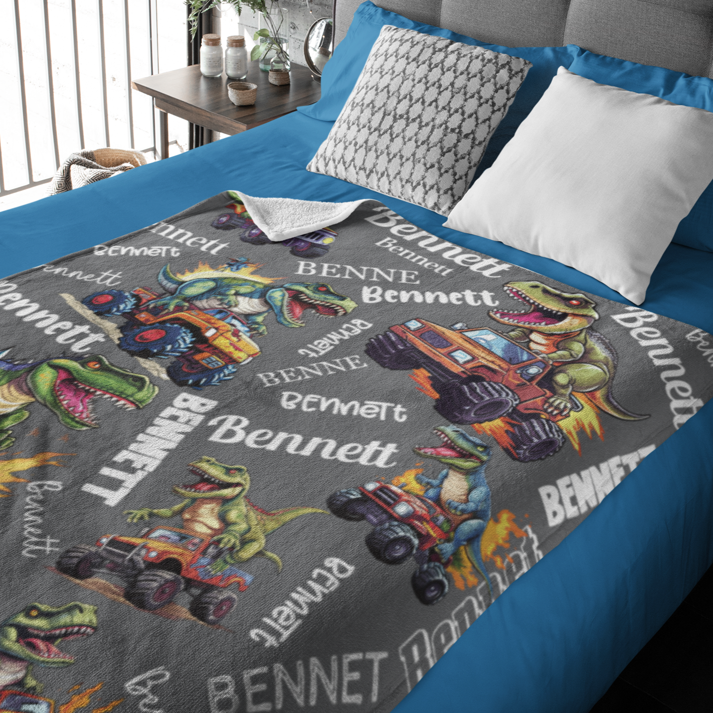 Personalized Monster Dinosaur Truck Blanket - Gift for Kids