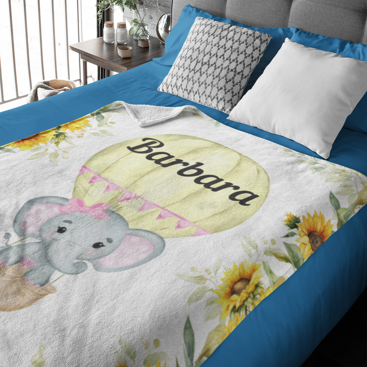 Personalized Yellow Sunflower Elephant Name Blanket - Gift for Kids