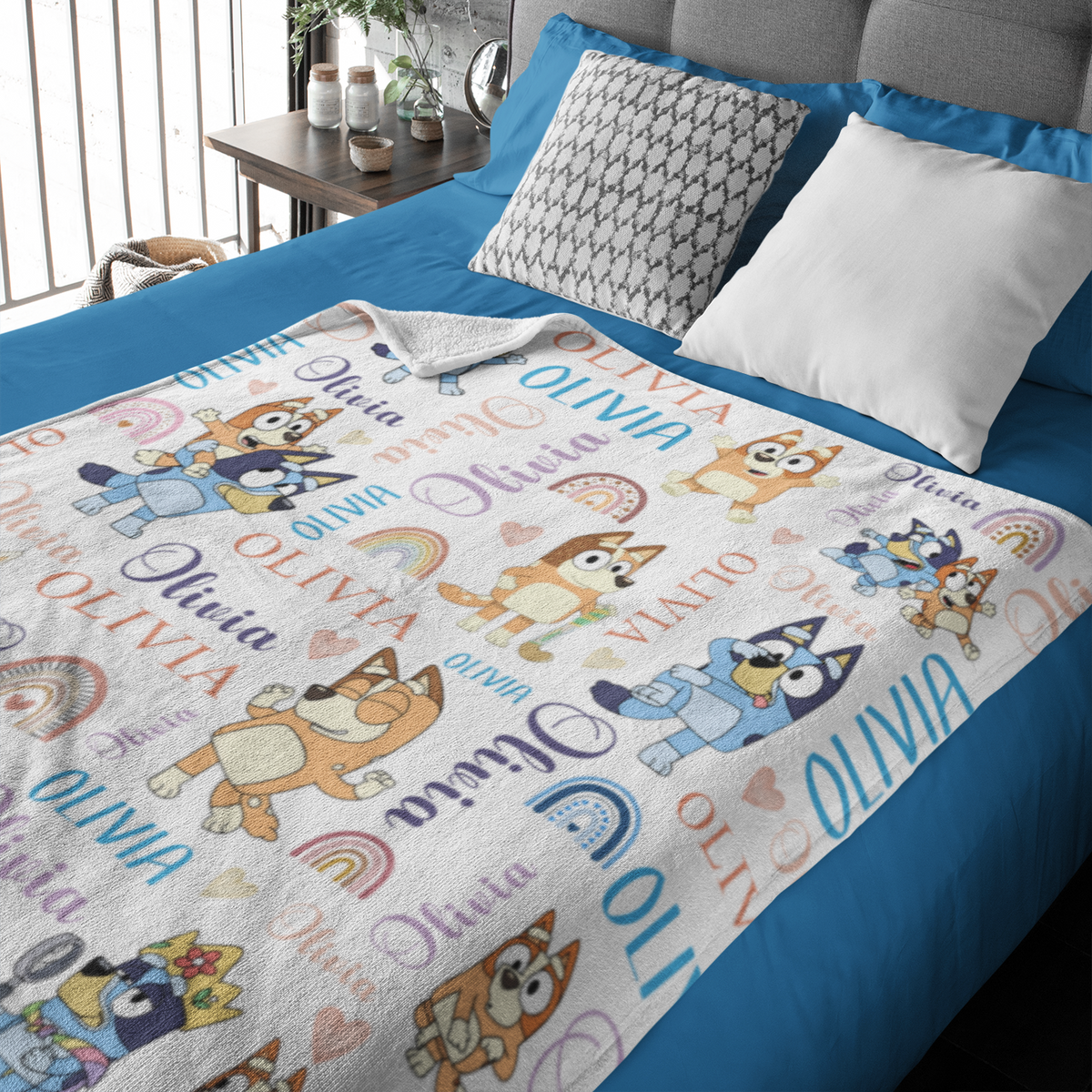 Personalized Rainbow Blue Dog Name Blanket - Gift for Kids