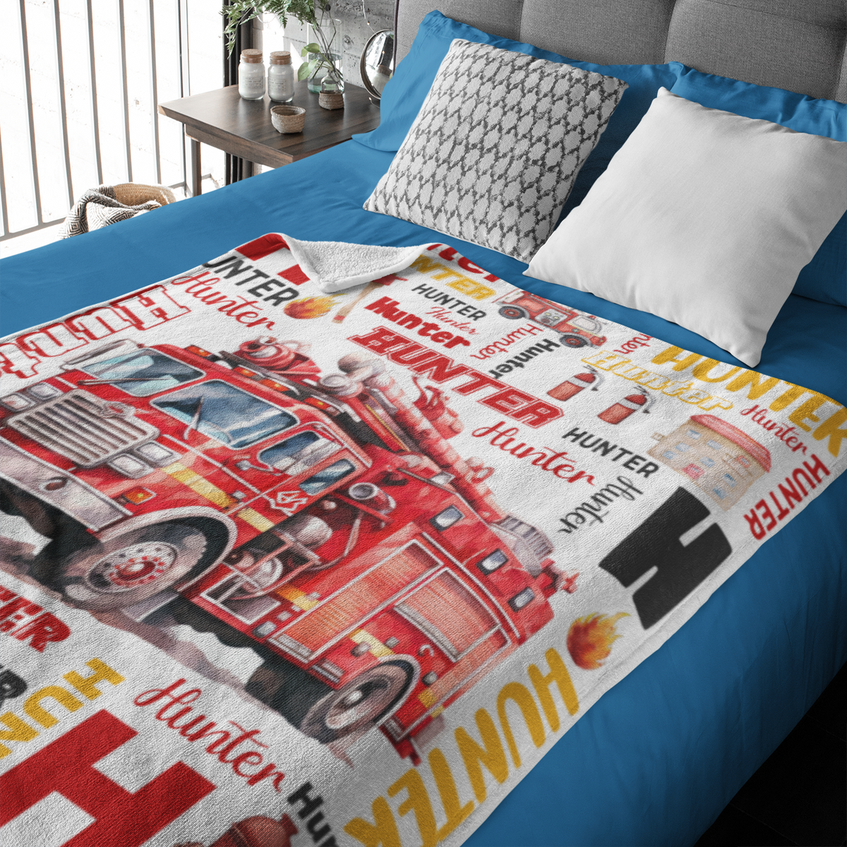 Personalized Structured Fire Truck Boy Name Blanket - Gift for Kids