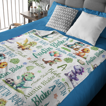 Personalized Cute Dinosaurs Themed Name Blankets - Gift for Kids