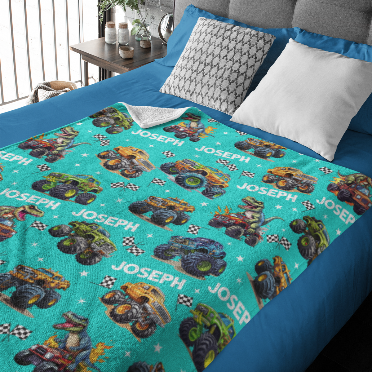 Personalized Cartoon Dinosaurs Truck Themed Name Blanket - Gift for Kids