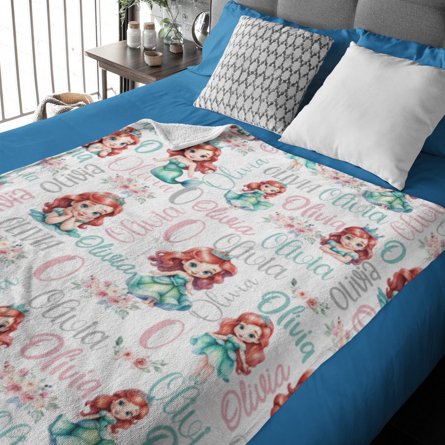 Personalized Watercolor Girls Mermaid Name Blanket - Gifts for Kids