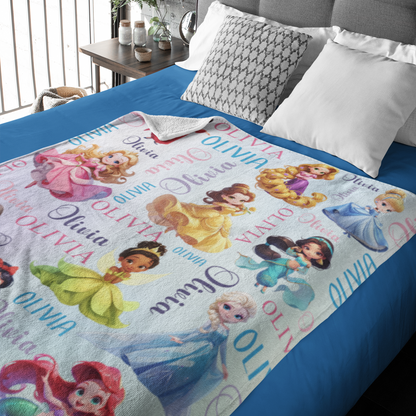 Personalized Cute Cartoon Princess Name Blanket - Gift for Kids