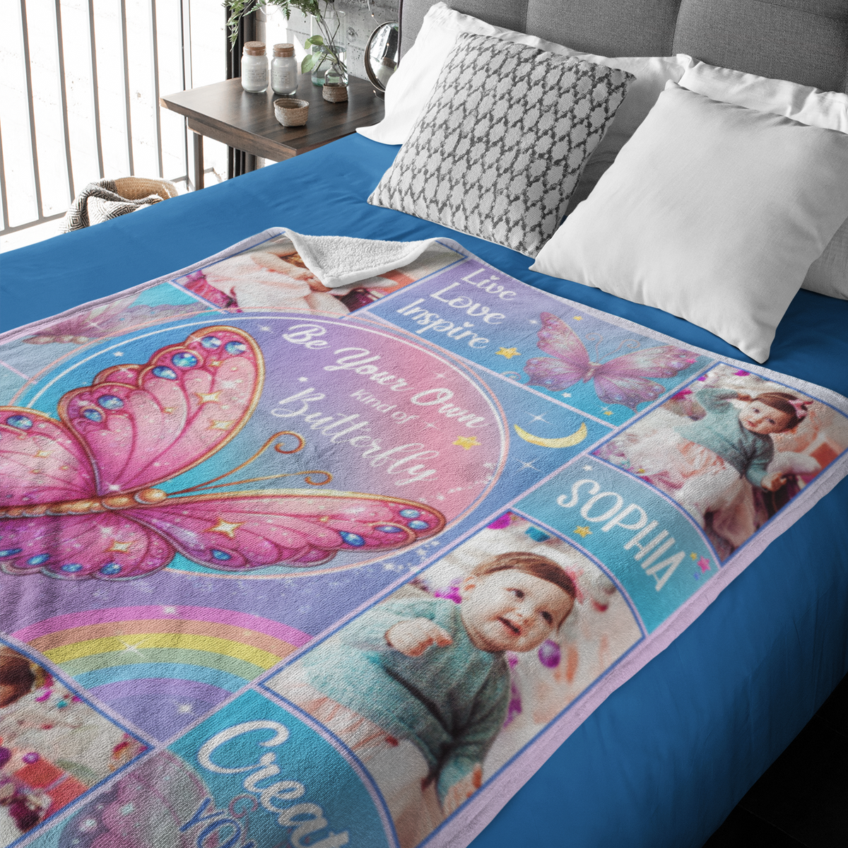 Personalized Colorful Butterfly Girl Photo Name Blanket - Gifts for Kids