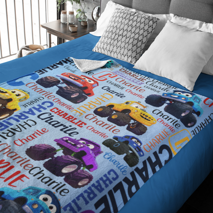 Personalized Cartoon Monster Truck Boy Name Blanket - Gift for Kids