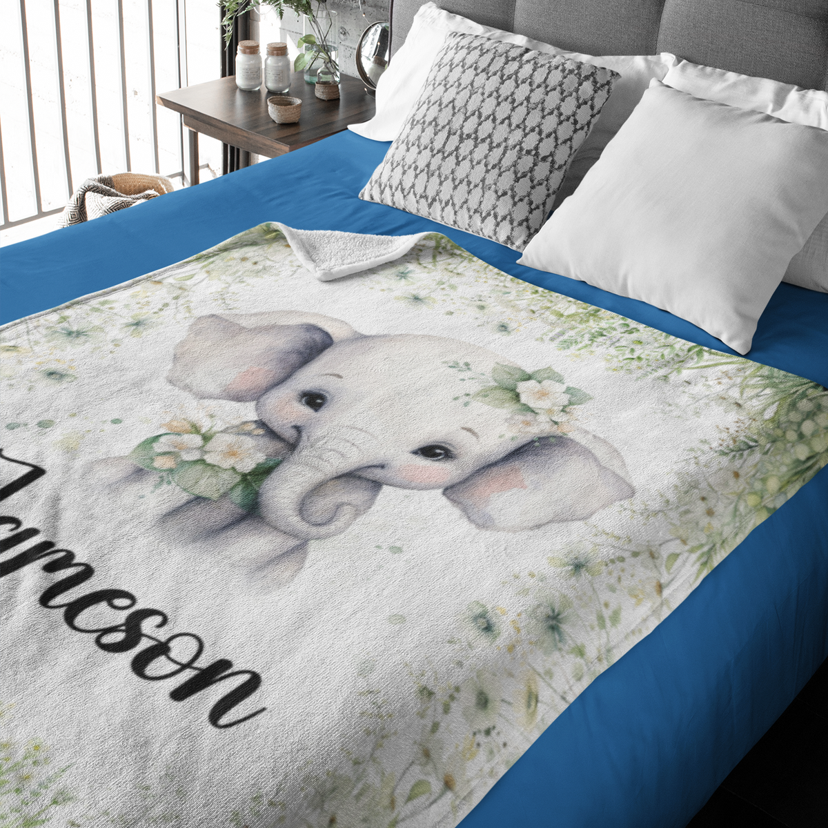 Personalized Flower and Elephant Name Blanket - Gifts for Baby - Baby Shower