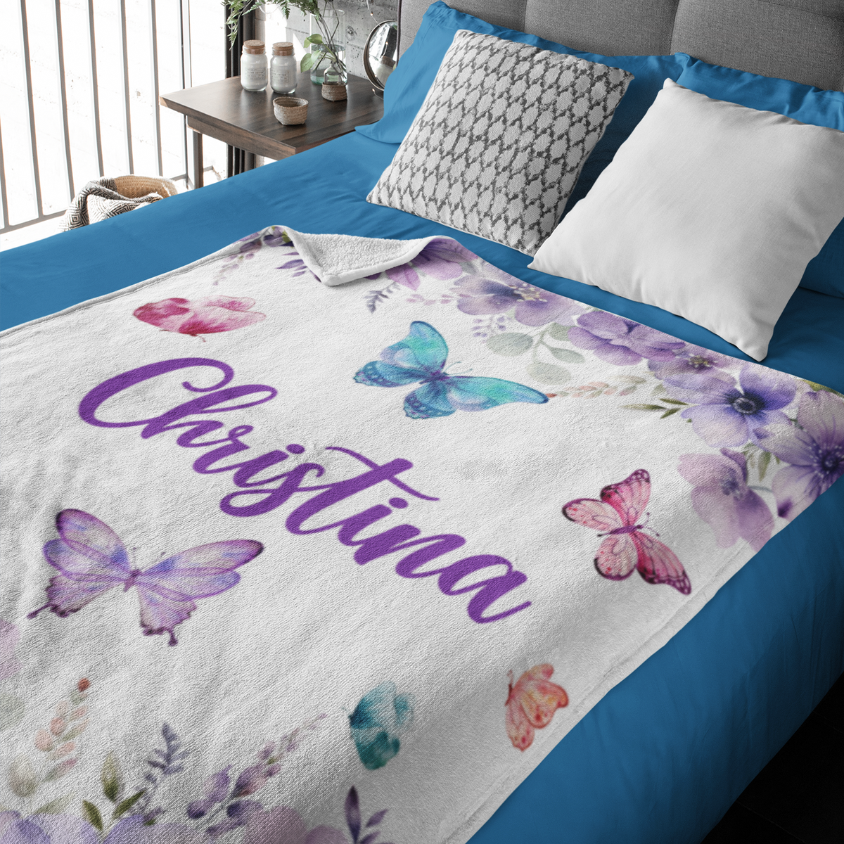 Personalized Watercolor Purple ButterflyBaby Name Blanket - Gift for baby