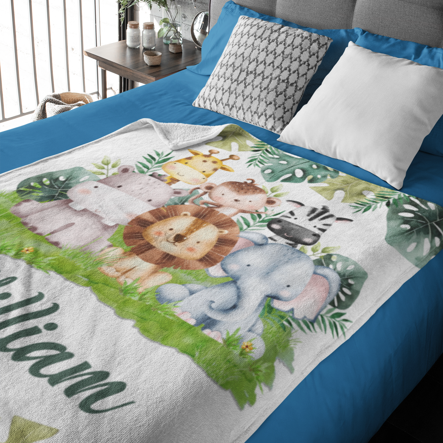 Personalized Watercolor Jungle Party Animals Kids Name Blanket - Gifts for Kids