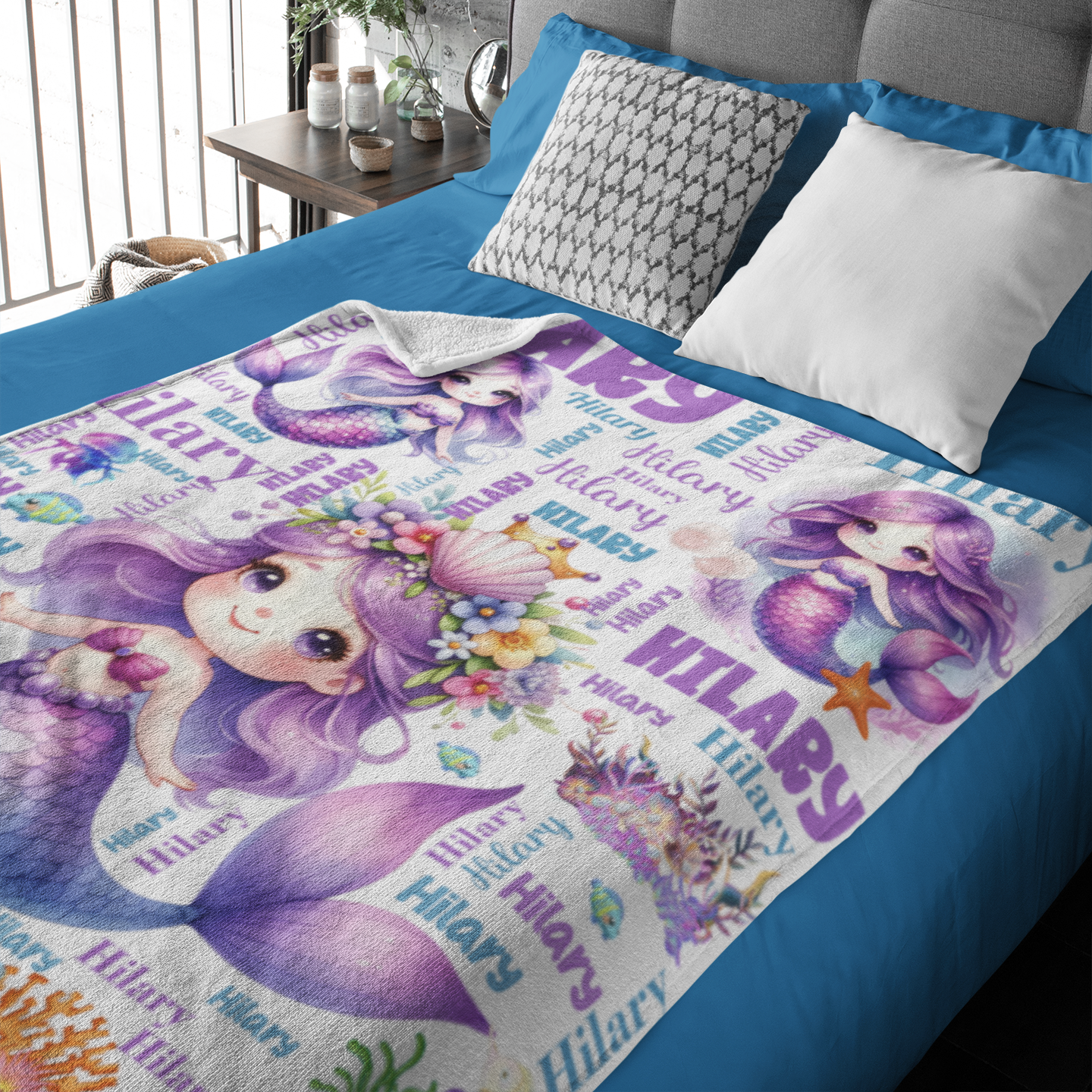 Personalized Purple Little Mermaid Girls Name Blanket - Gift for Kids