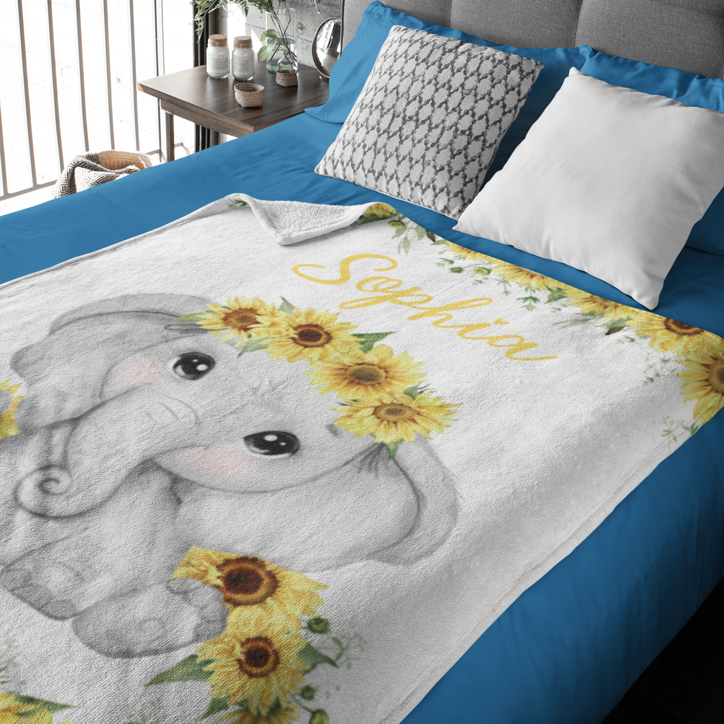 Personalized Custom Sunflowers Elephant Baby Name Blanket - Gifts for Baby