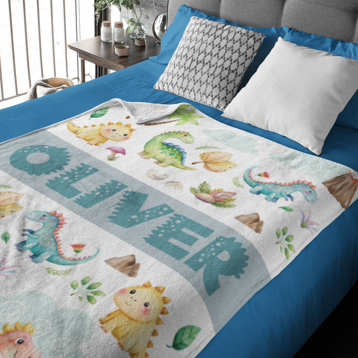 Personalized Cartoon Dinosaurs Name Blanket - Gift for Kids