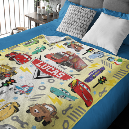 Personalized Cartoon Cars Name Blanket - Gift for Kids