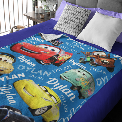 Personalized Cartoon  Cars Name Blankets - Gift for Kid