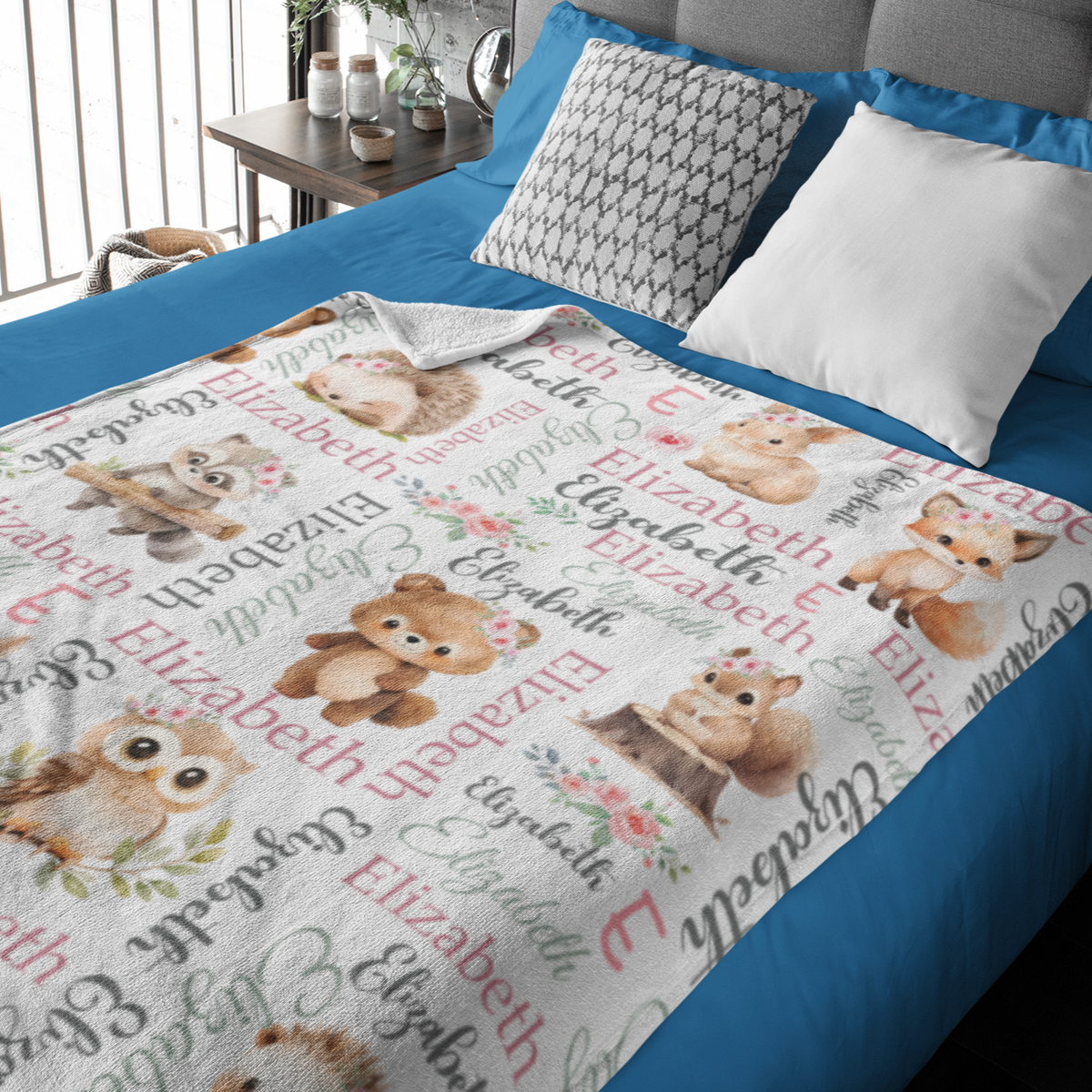 Personalized Girl Woodland Animals Name Blanket - Gift for Kids