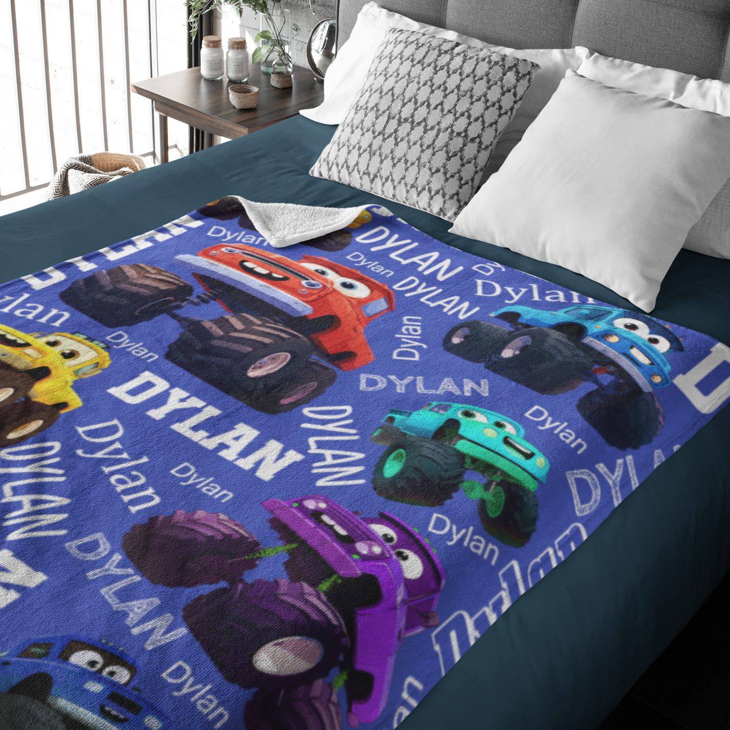 Personalized Colorful Monster Truck Name Blanket - Gift for Kids