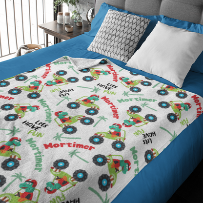 Personalized Cartoon Dinosaur Mountain Theme Name Blanket - Gift for Kids