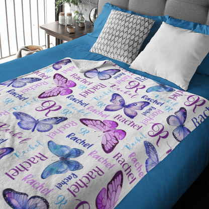 Personalized Watercolor Purple Butterflies Baby Name Blanket - Gift for Baby