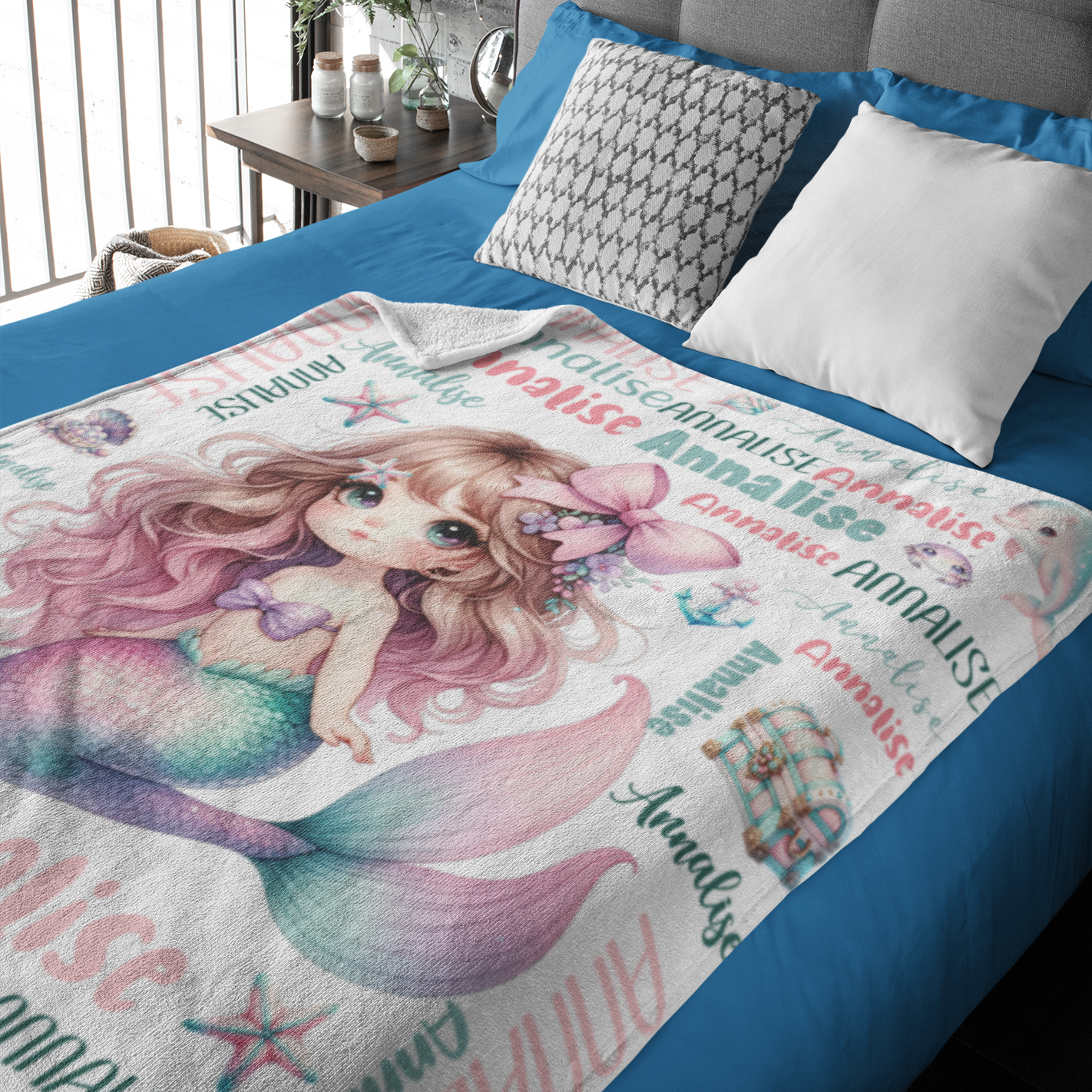 Personalized Watercolor Cute Mermaid Girl Name Blanket - Gift for Kids