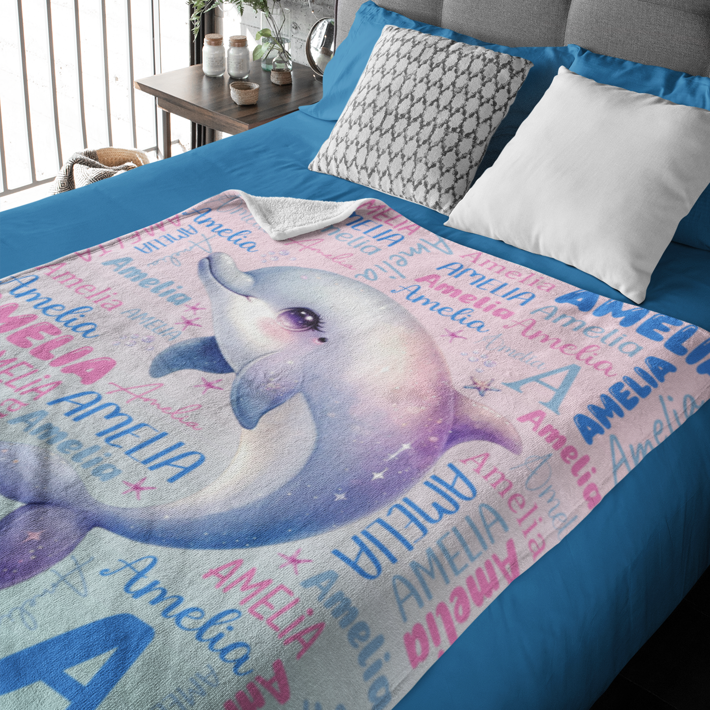 Personalized Watercolor Dolphin Kids Name Blanket - Gift for Kids