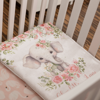 Personalized Watercolor Elephant Baby Floral Blanket - Gift for Baby