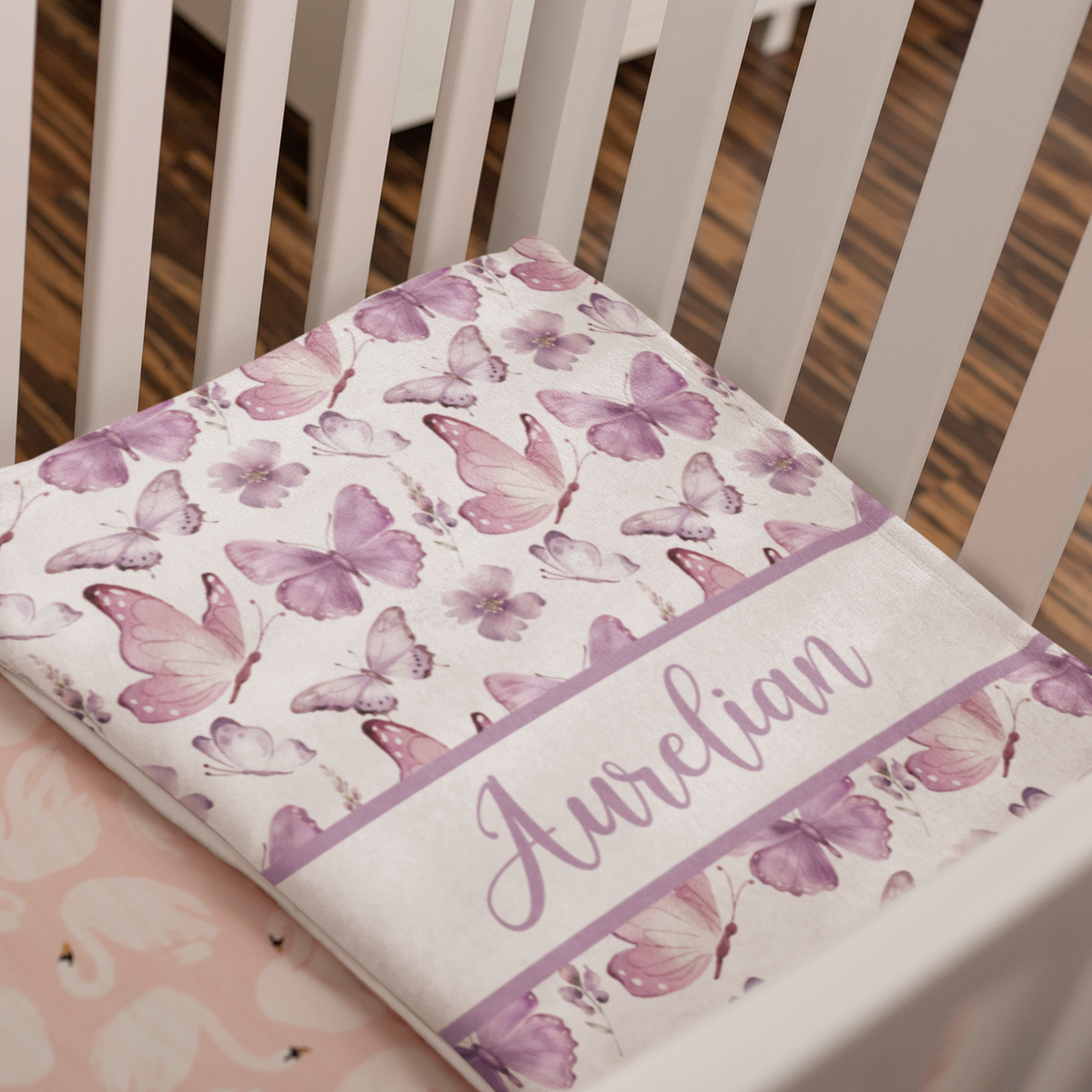 Personalized Watercolor Purple Butterfly Baby Name Blanket - Gift for Baby