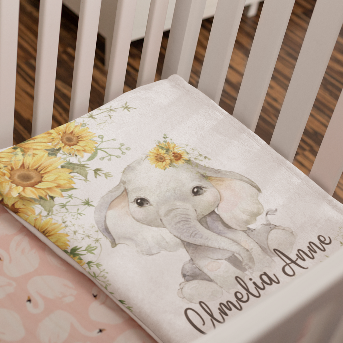 Personalized Sunflower Flower Elephant Blanket - Gift for Baby