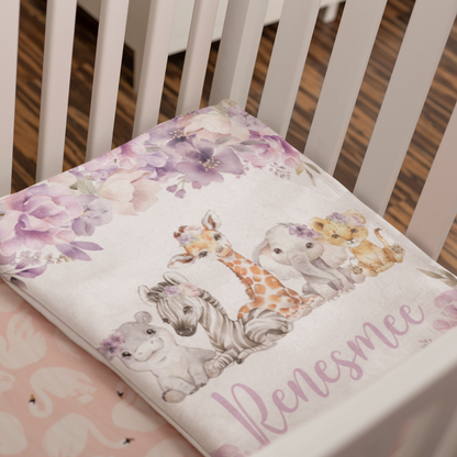 Personalized Purple Forest Animal Baby Name Blanket - Gift for Baby