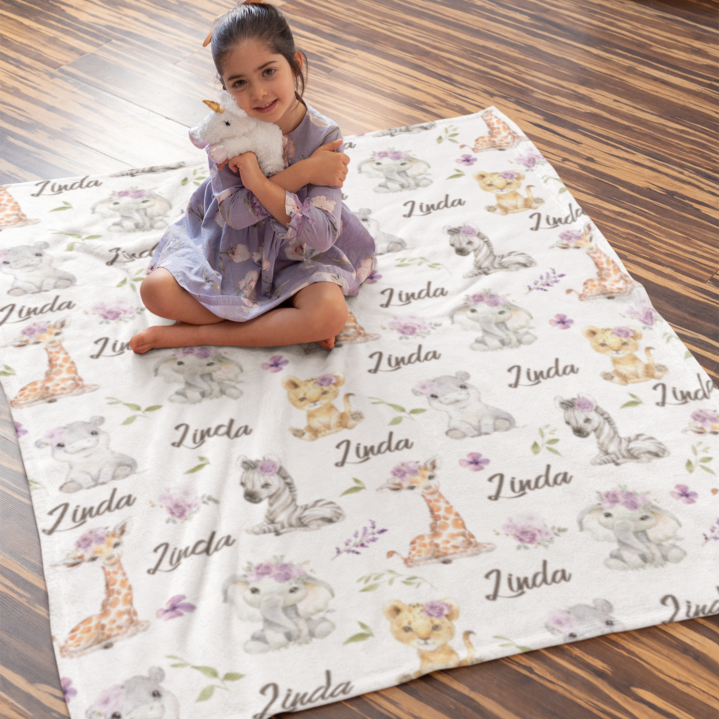 Personalized Watercolor Safari Animals Name Blankets - Gift for Kids