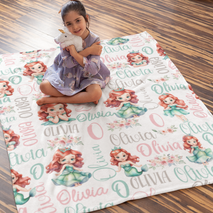 Personalized Watercolor Girls Mermaid Name Blanket - Gifts for Kids