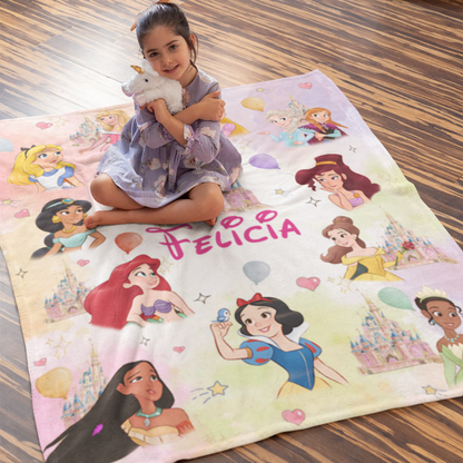 Personalized Watercolor Customized Princess Collection Name Blanket - Gift for Kids