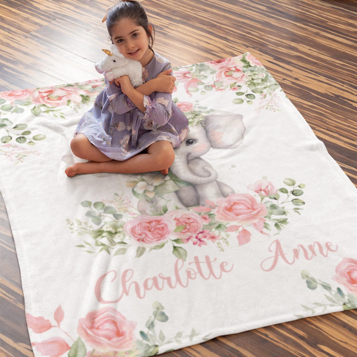 Personalized Watercolor Elephant Baby Floral Blanket - Gift for Baby