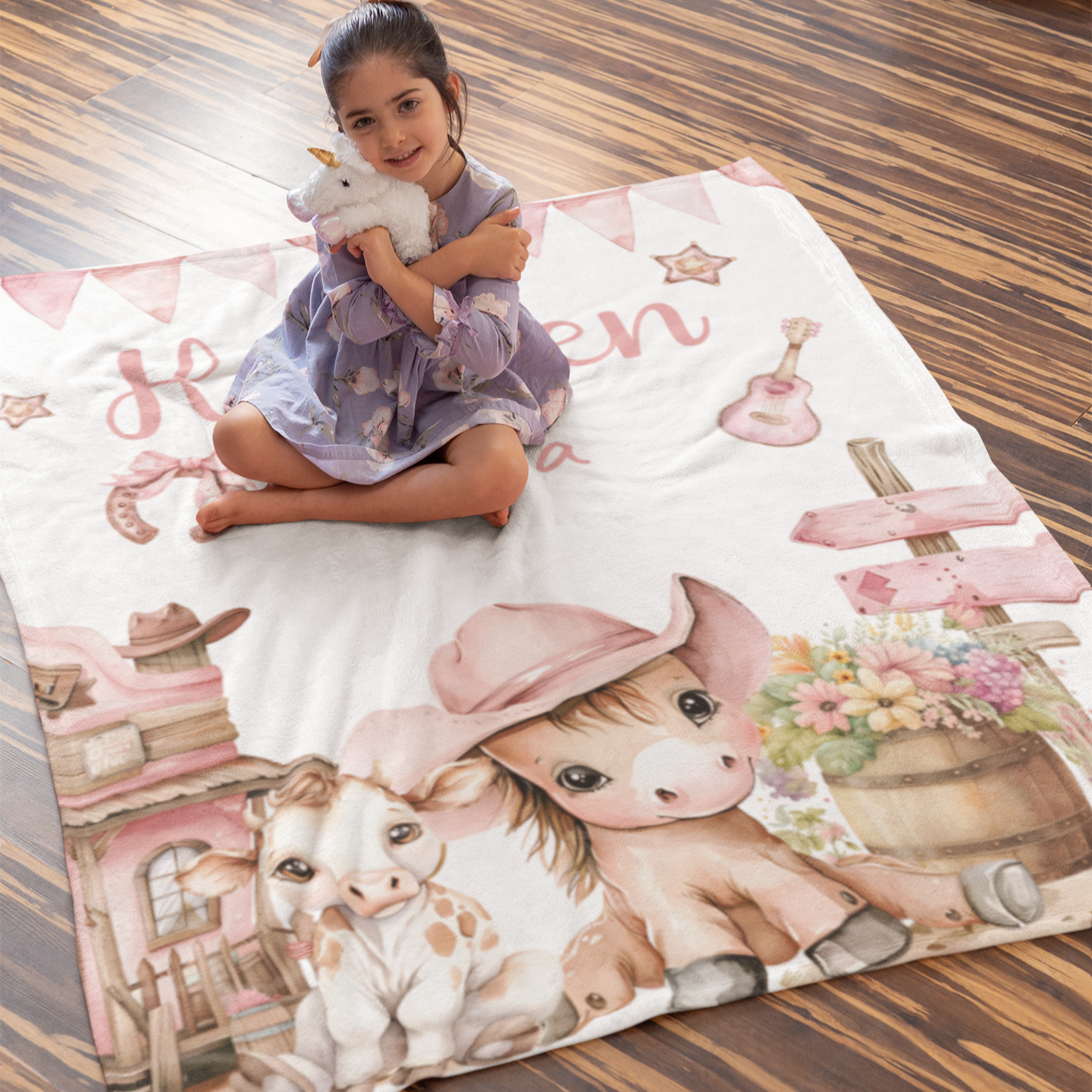 Personalized Western Cowgirl Animal Name Blanket - Gifts for Kids